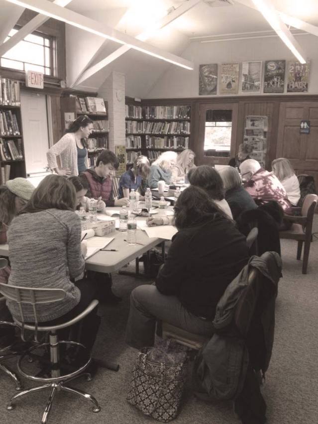 Kate teaches Writing in Reverse to a packed class at the Marston's Mills library.